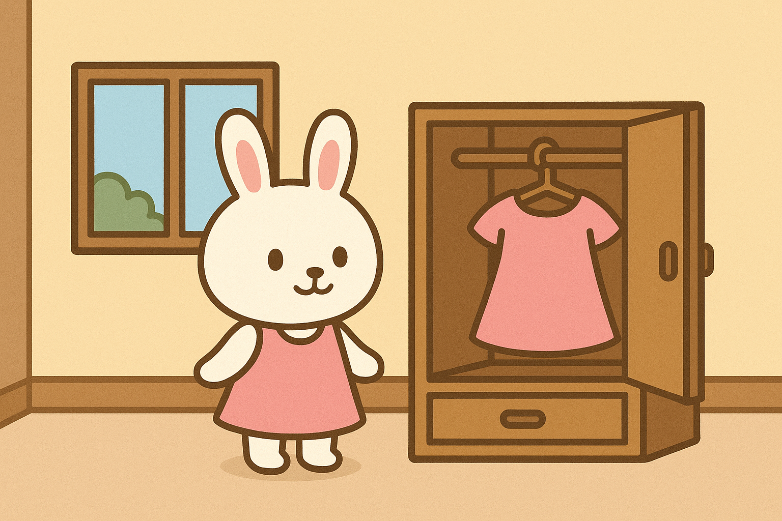 るなちゃんがピンクのワンピースを着ていて、クローゼットに同じワンピースがある家の中の様子