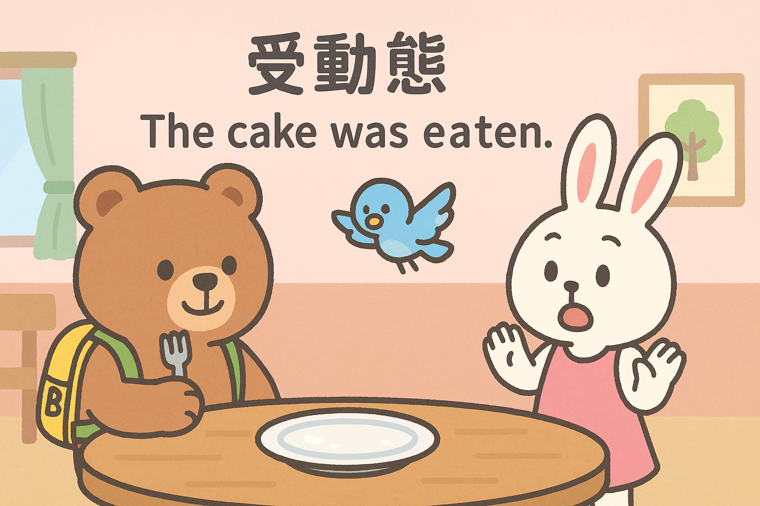 ぜすと君がケーキを食べ終えて満足そうにフォークを持ち、るなちゃんとぴこりが驚いている様子が描かれています。The cake was eaten.