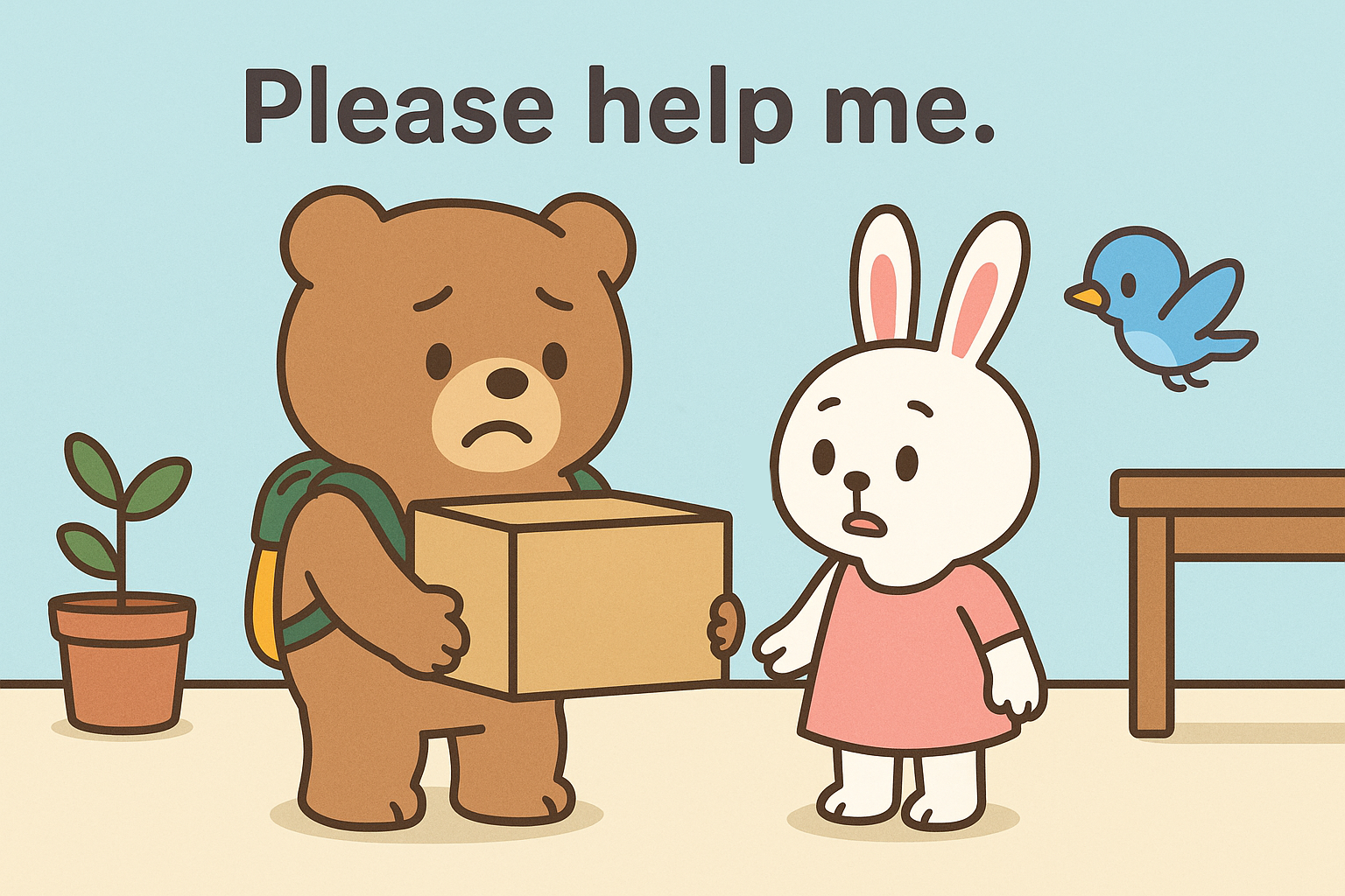 ぜすと君が重そうな箱を持ちながら「Please help me.」とるなちゃんに頼んでいる。