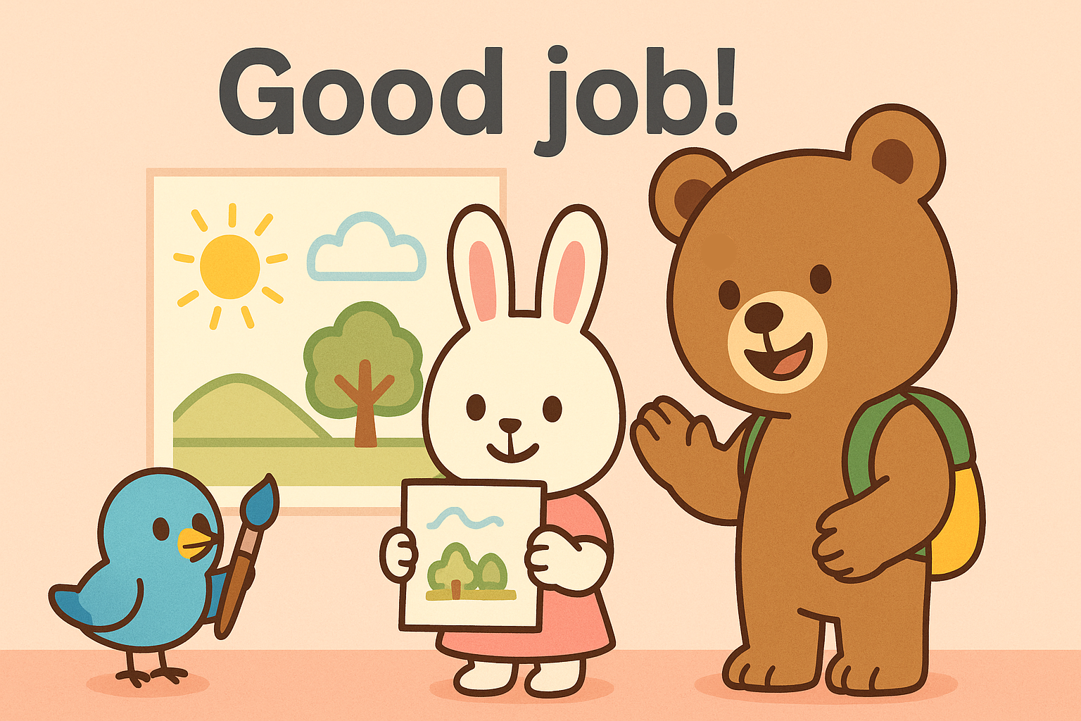 るなちゃんが描いた絵を見て、ぜすと君が笑顔で「Good job!」と褒めている室内の場面。ぴこりが筆を持って隣に立ち、壁にはやさしい色の風景画が飾られている温かい雰囲気のイラスト。