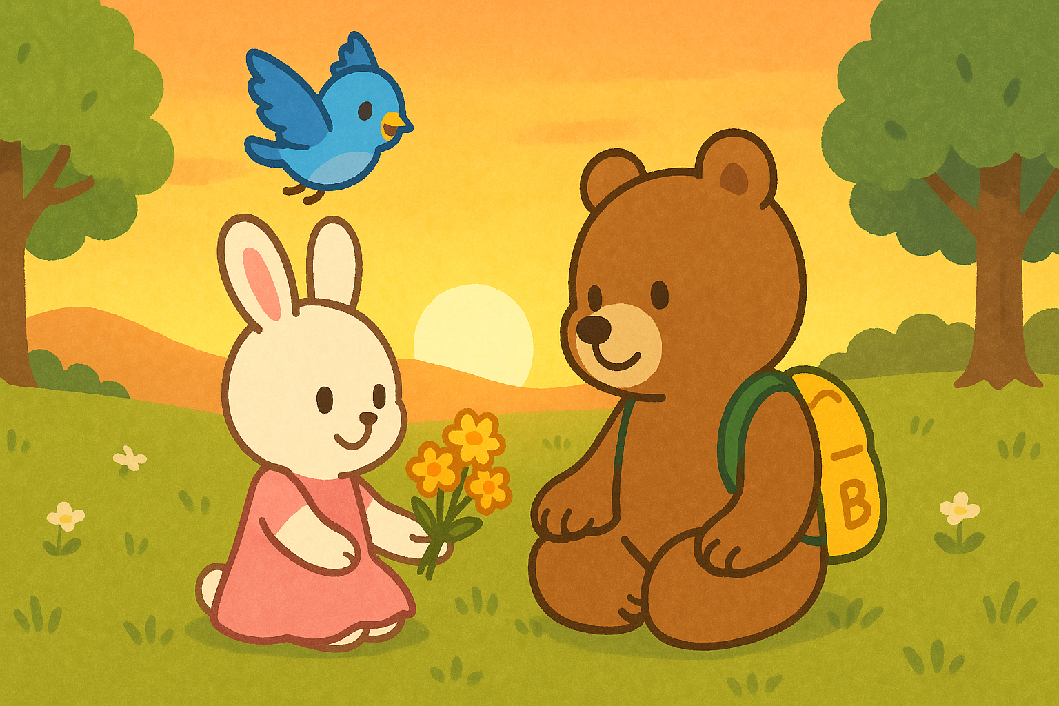 夕焼けの草原で、るなちゃんが花束をぜすと君に差し出し、ぴこりが上を飛んでいるシーン。暖かな光に包まれた穏やかな雰囲気で、「尊い」瞬間を表現している。