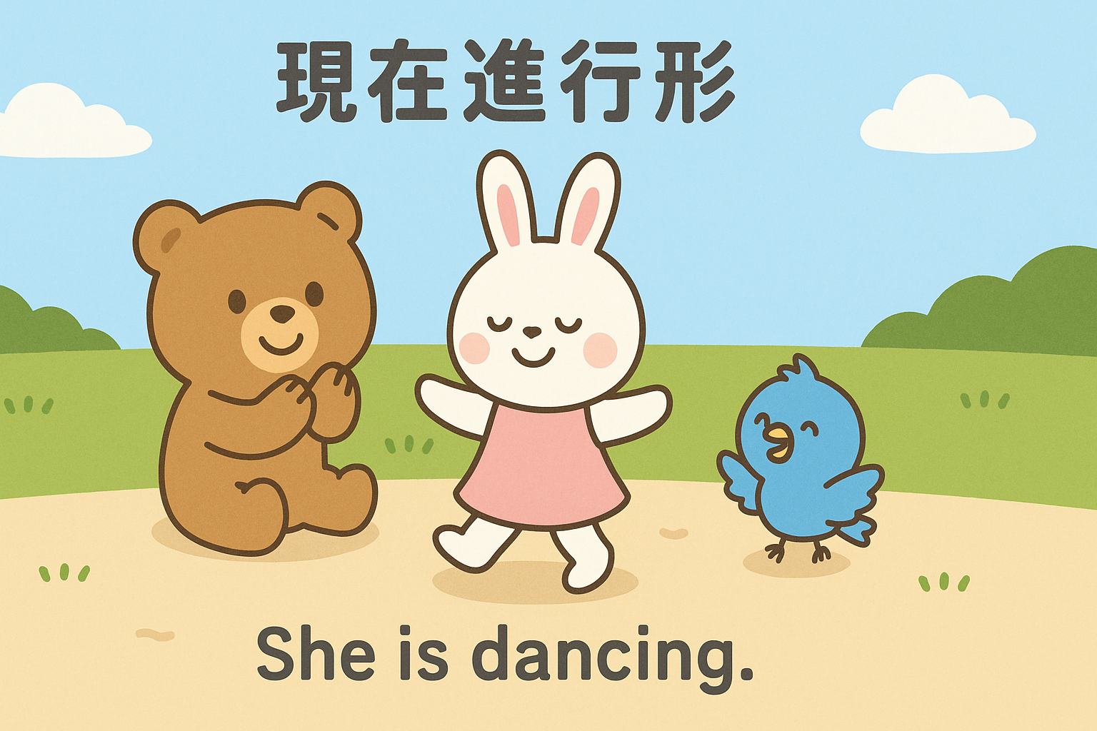 明るい草原でるなちゃんが楽しそうに踊っている