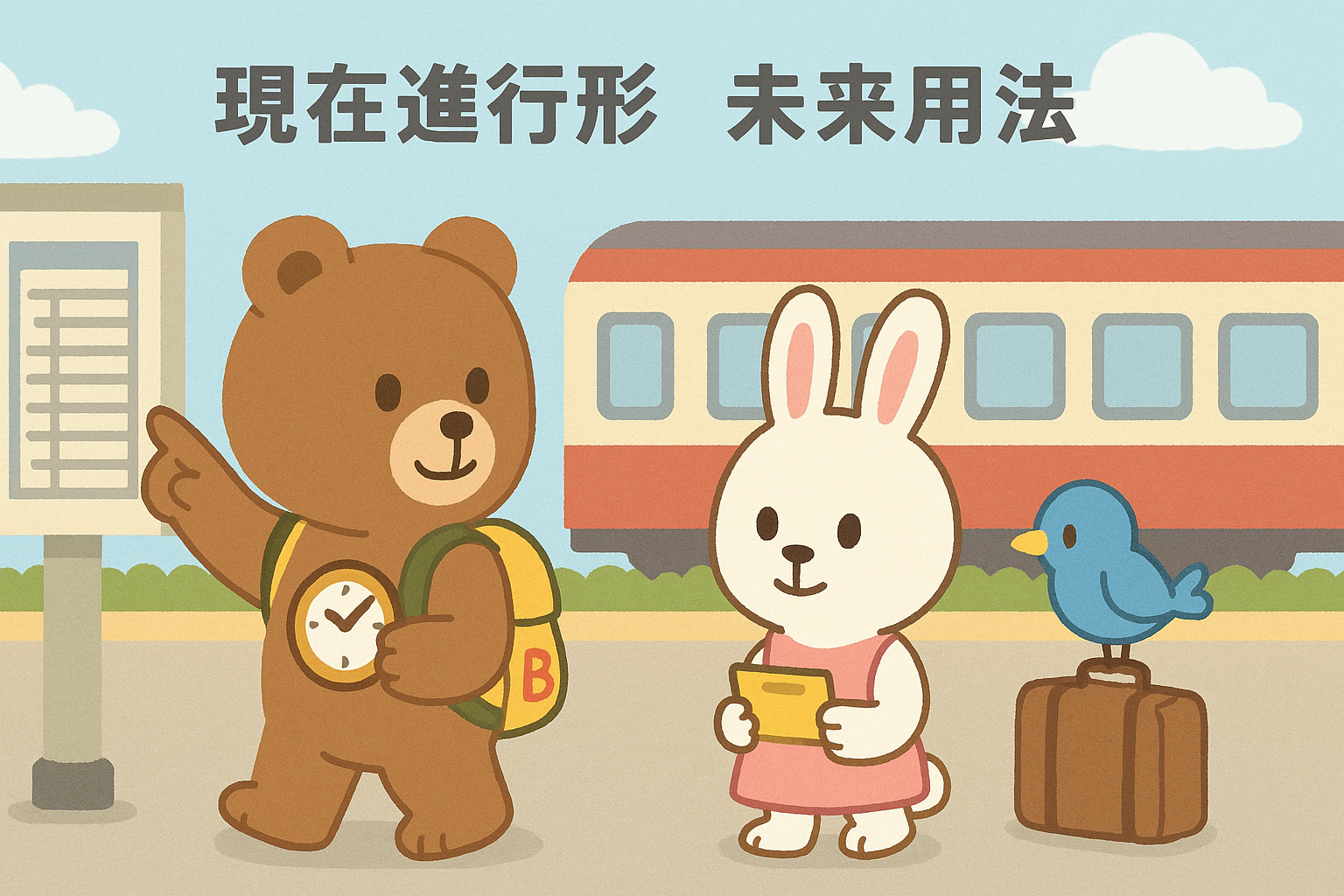 ぜすと君が時計を見ながら、電車の時刻表を指さしている。るなちゃんはチケットを持っていて、ぴこりはリュックの上に立っている。「（これから）電車に乗る予定」というニュアンス