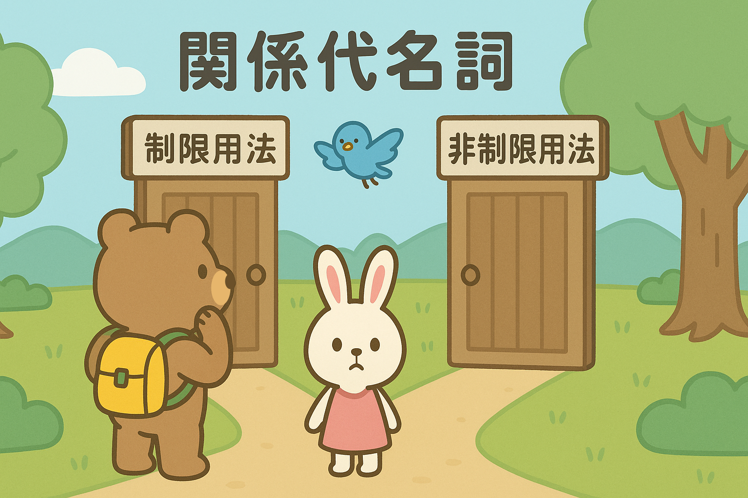 森の分かれ道に「制限用法」と「非制限用法」の扉が並び、ぜすと君たちが悩んでいる場面