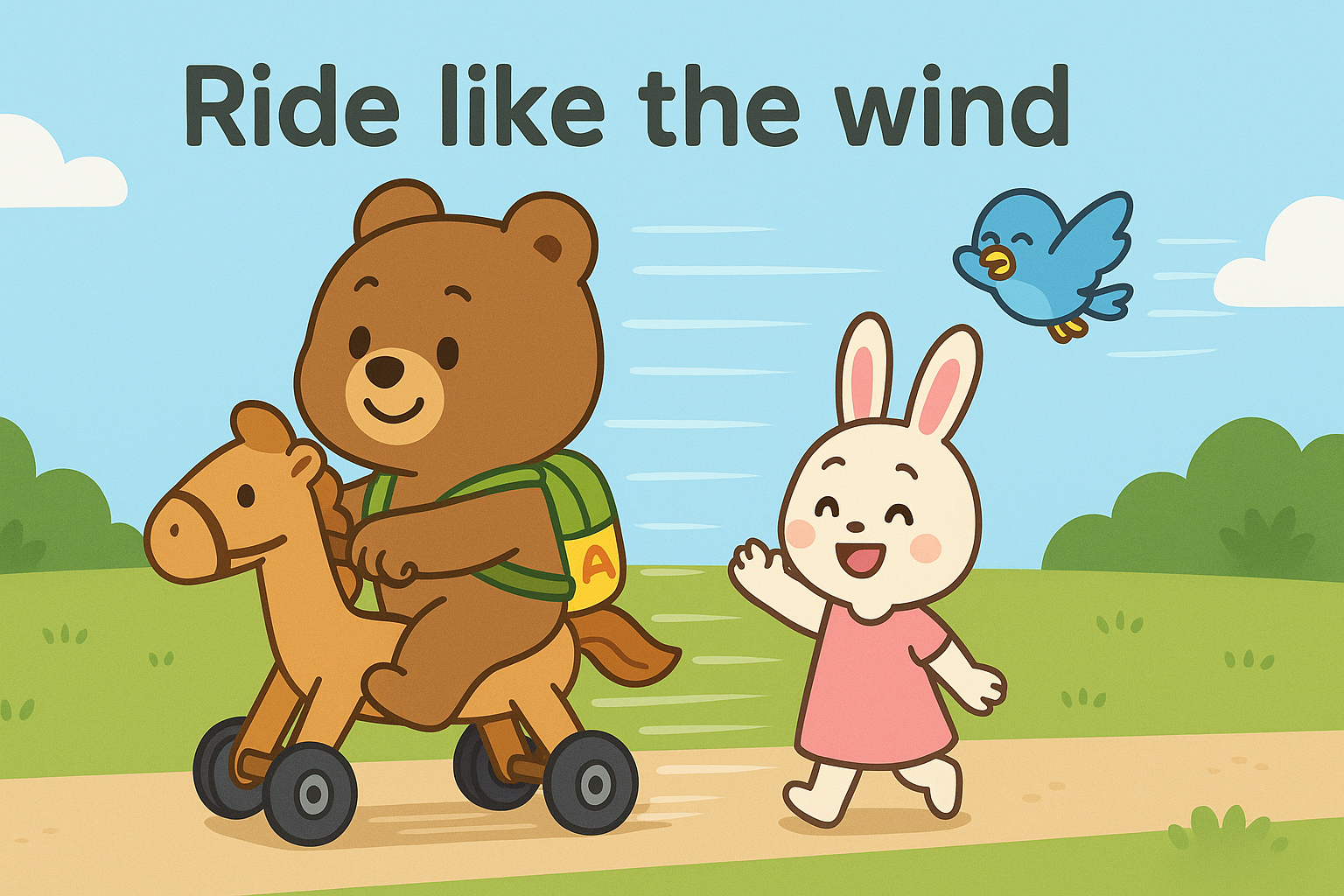 ぜすと君がタイヤ付きの木馬に乗って風のように走る場面。るなちゃんが笑顔で手を振る。ぴこりが空を飛び、「Ride like the wind」の文字が上部にある。