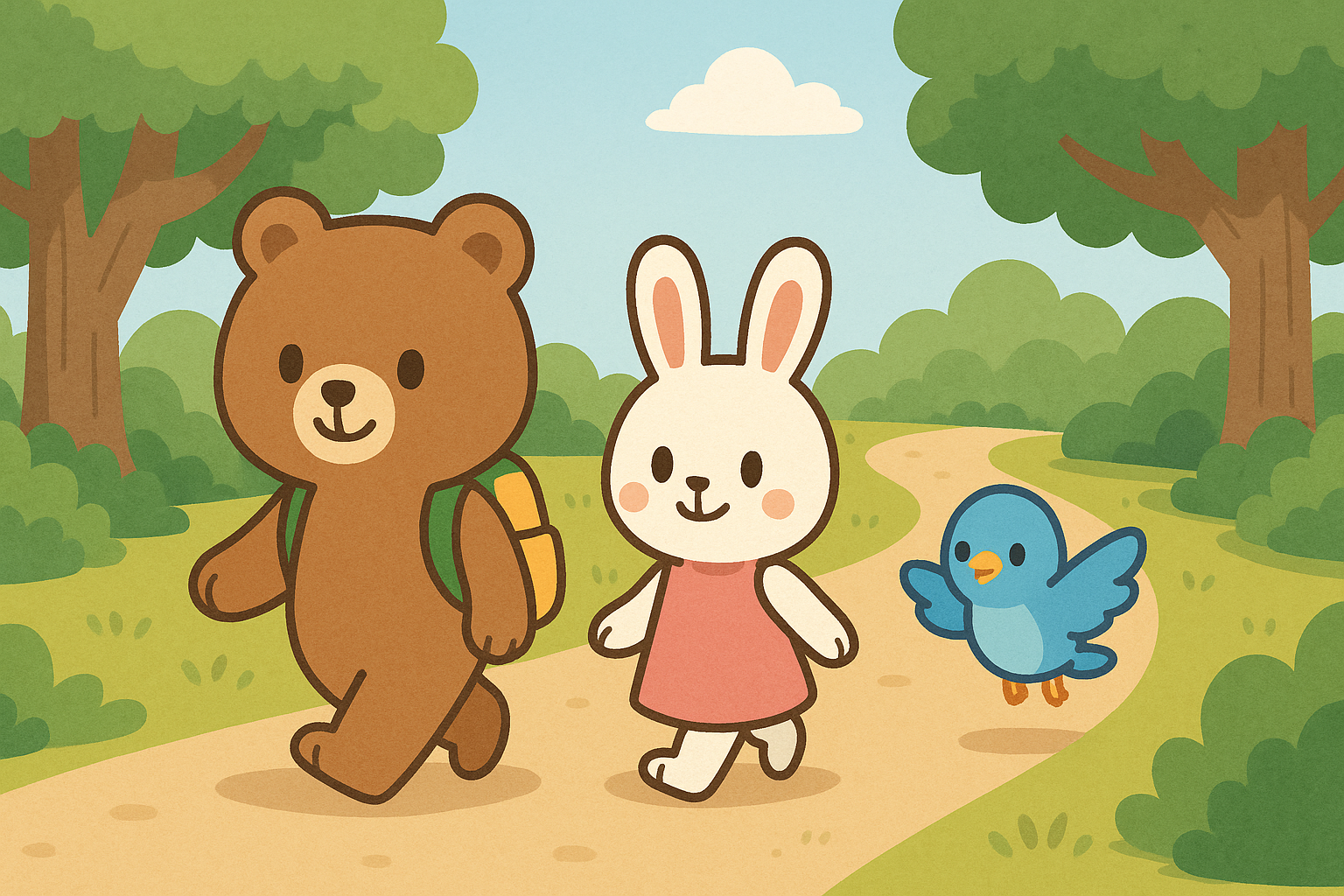 森の中の道をぜすと君、るなちゃん、ぴこりが仲良く歩いている様子。やわらかな色の木々と土の道が広がり、キャラクターたちが前向きに進んでいる雰囲気を描いた場面