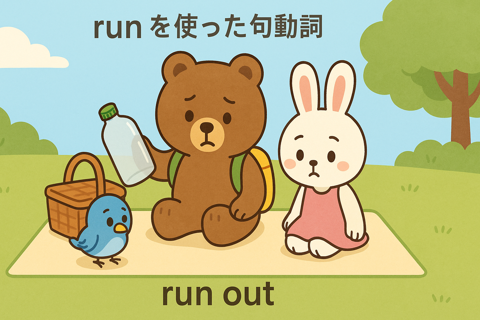 ぜすと君が空のペットボトルを持ち、るなちゃんとぴこりが心配そうに見つめるピクニックの場面。上部に「runを使った句動詞」、下部に「run out」と表示され、ジュースがなくなった様子を表している。