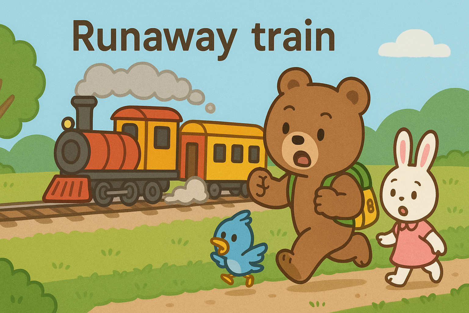 Runaway trainの文字の下で、暴走する列車の横をぜすと君、るなちゃん、ぴこりが驚きながら走る場面のイラスト