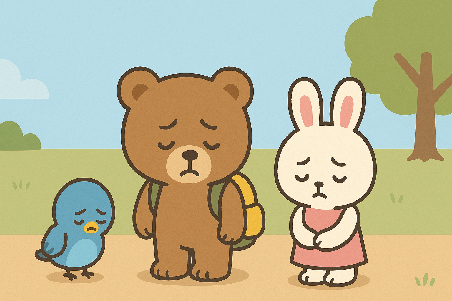 3人が悲しそうに立っている様子