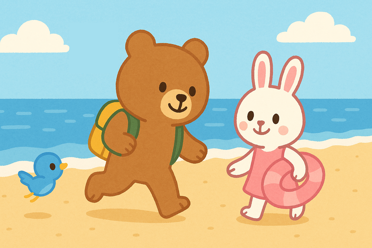 ぜすと君とるなちゃんが浜辺を歩き、ぴこりがそばを飛ぶ海辺のシーン。青空と海、砂浜が広がり、温かい雰囲気のイラスト。