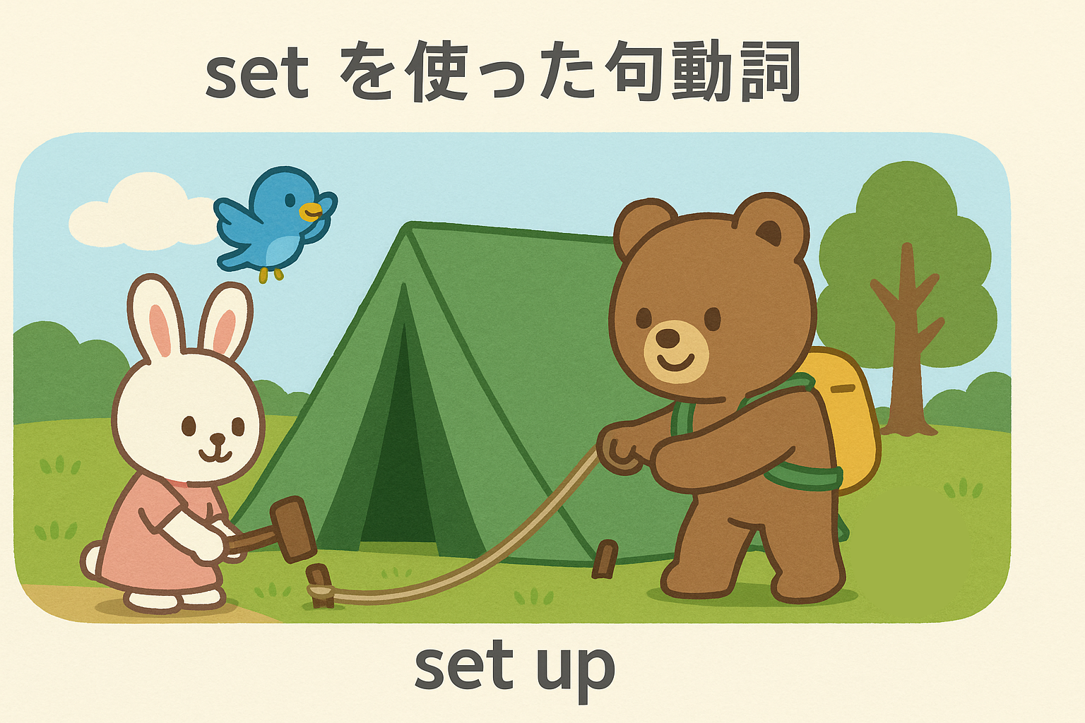ぜすと君がテントのロープを引いて設営し、るなちゃんがハンマーでペグを打つ場面。ぴこりが上空で応援している。背景は青空と草原で、上部に「set を使った句動詞」、下部に「set up」と書かれている。