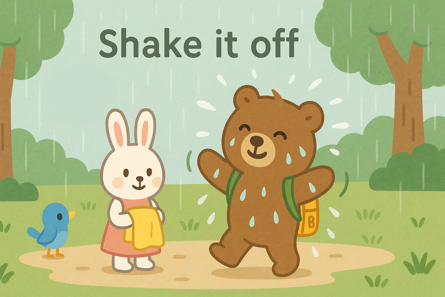 雨の森の中で、ぜすと君が体をぶるぶると振って水滴を飛ばしている。上部には「Shake it off」の文字。るなちゃんは黄色いタオルを持っている。やさしい色調のイラスト。