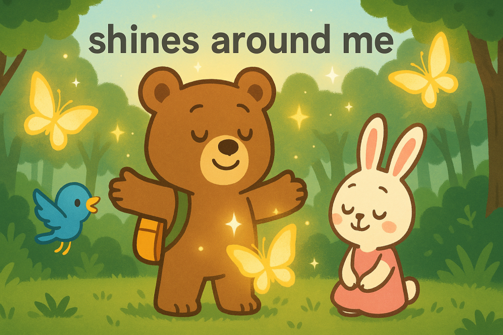 光る蝶々に囲まれたぜすと君たちが、森の中で幻想的な時間を過ごしている様子