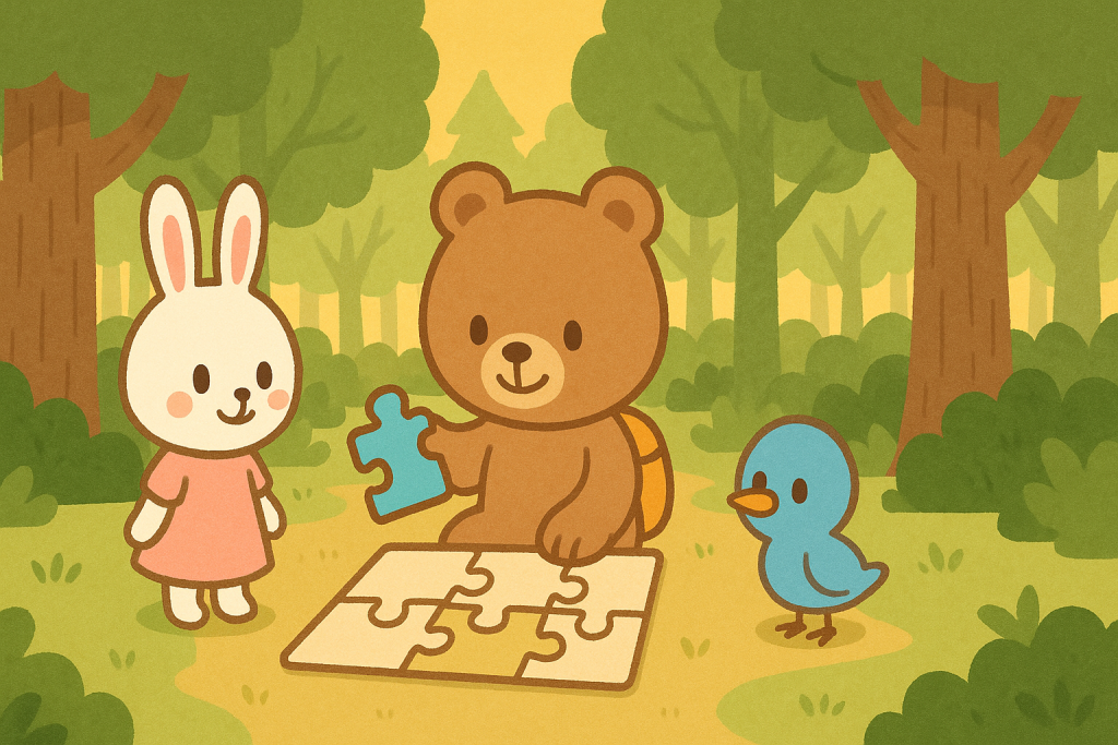ぜすと君が森の中でパズルを簡単に完成させようとしている場面