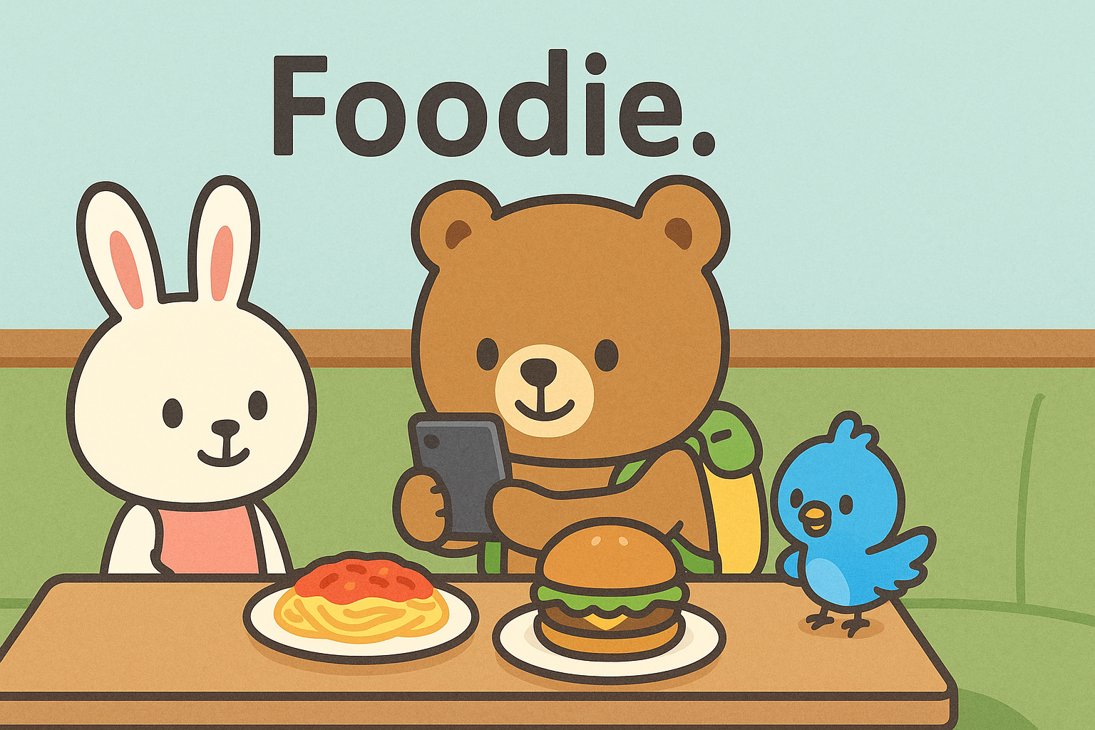 ぜすと君が料理をスマホで撮影し、るなちゃんとぴこりが一緒にカフェで楽しむ「Foodie.」を表す場面。