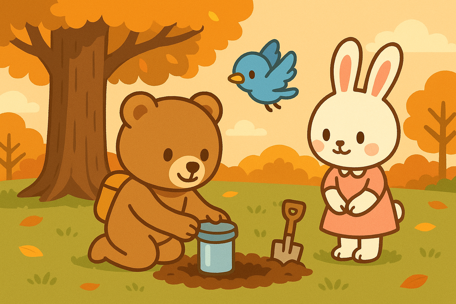 ぜすと君たちが大きな木の下でタイムカプセルを埋めている秋のワンシーン