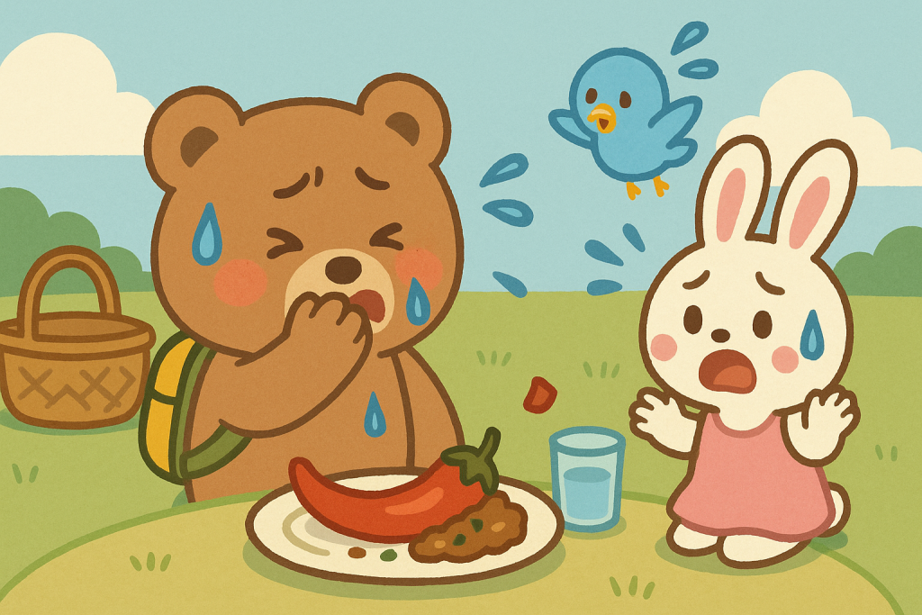 ぜすと君が辛い料理を食べて涙目に、るなちゃんとぴこりが驚いているピクニックの一場面