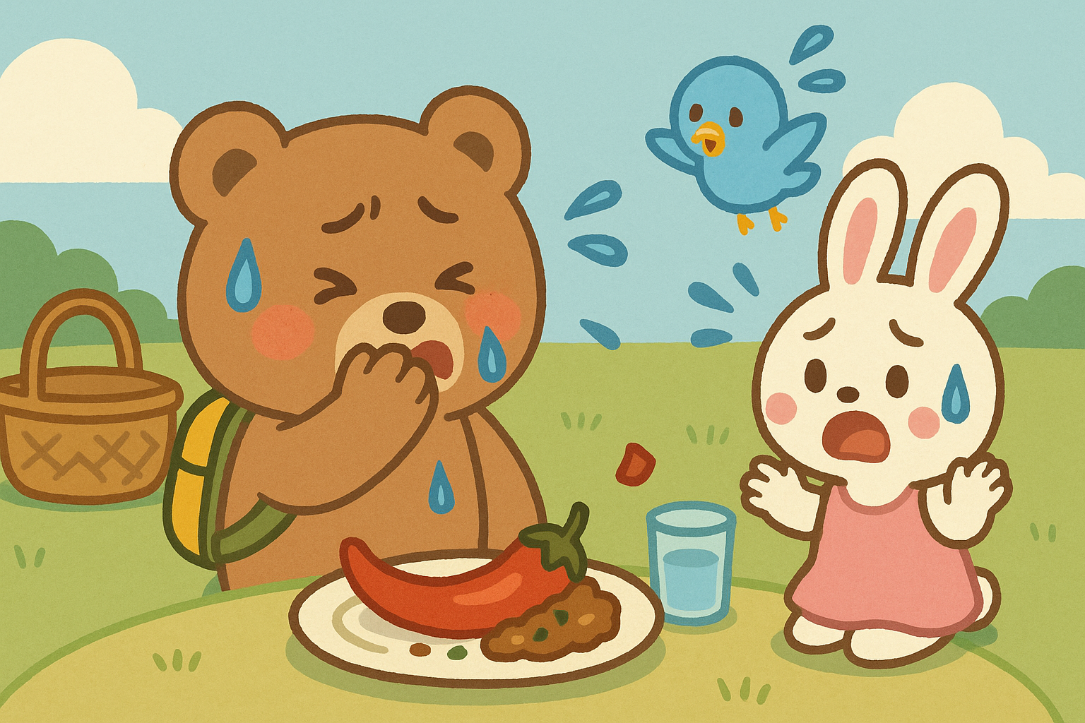 ぜすと君が辛い料理を食べて涙目に、るなちゃんとぴこりが驚いているピクニックの一場面
