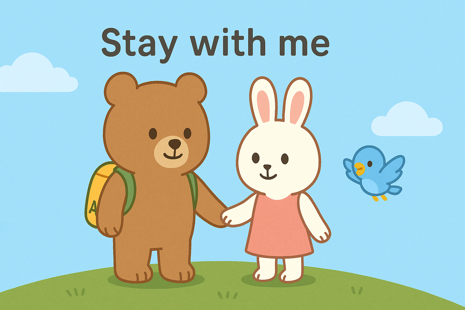 ぜすと君とるなちゃんが草原の丘の上で手をつないで立ち、ぴこりがそばを飛んでいる。青空の下、「Stay with me」という文字が上部に描かれ、あたたかく穏やかな雰囲気の場面。