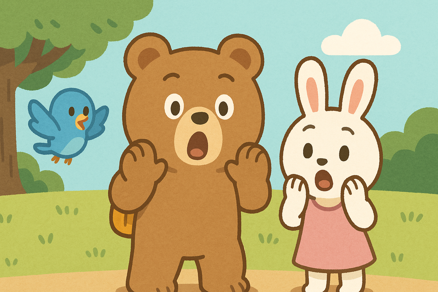 ぜすと君たちが何かに驚いて目を丸くしている場面