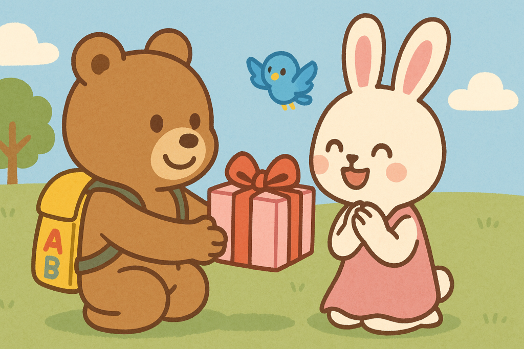 ぜすと君がプレゼントを渡し、るなちゃんがうれしそうに感謝の気持ちを伝えている場面。
