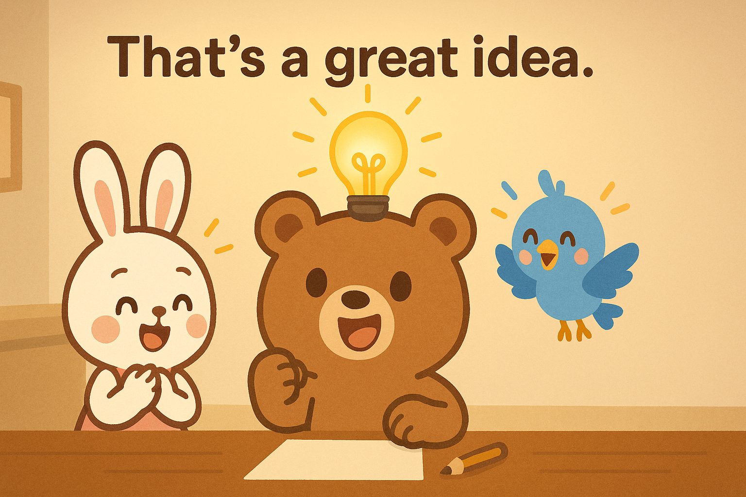 ぜすと君がアイディアを思いつき、頭の上に電球が光る楽しい瞬間です。るなちゃんとぴこりも大喜び！