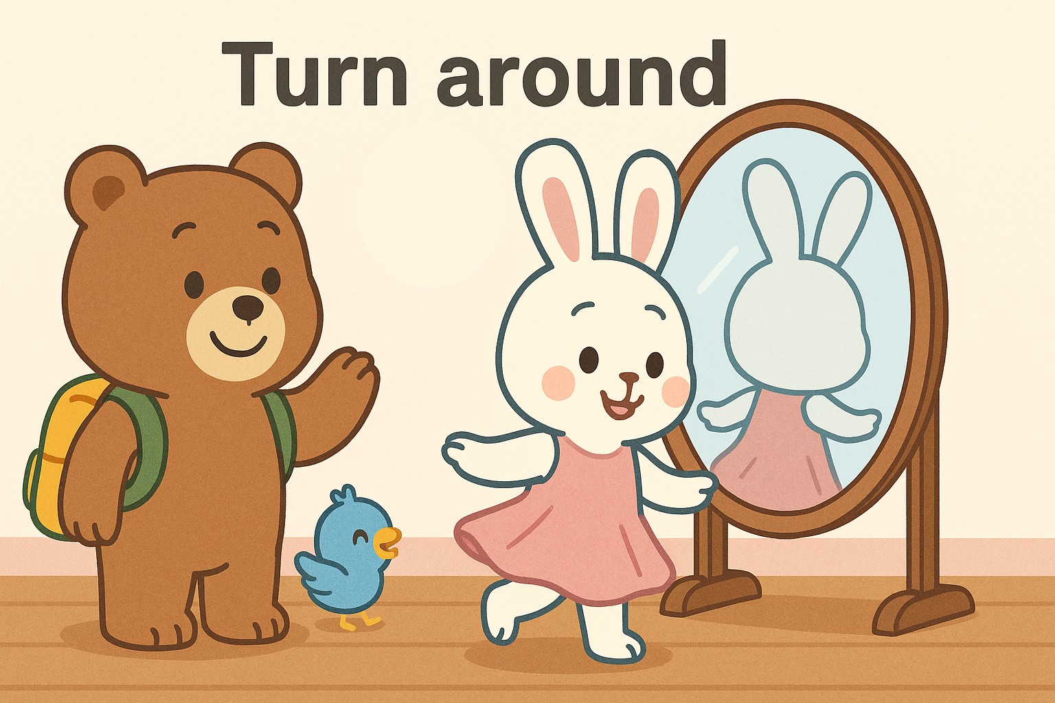 るなちゃんが鏡の前でくるっと回り、ワンピースの裾をふわっと広げている。ぜすと君とぴこりが楽しそうに見ており、上部に「Turn around」と書かれている温かい雰囲気の室内シーン。