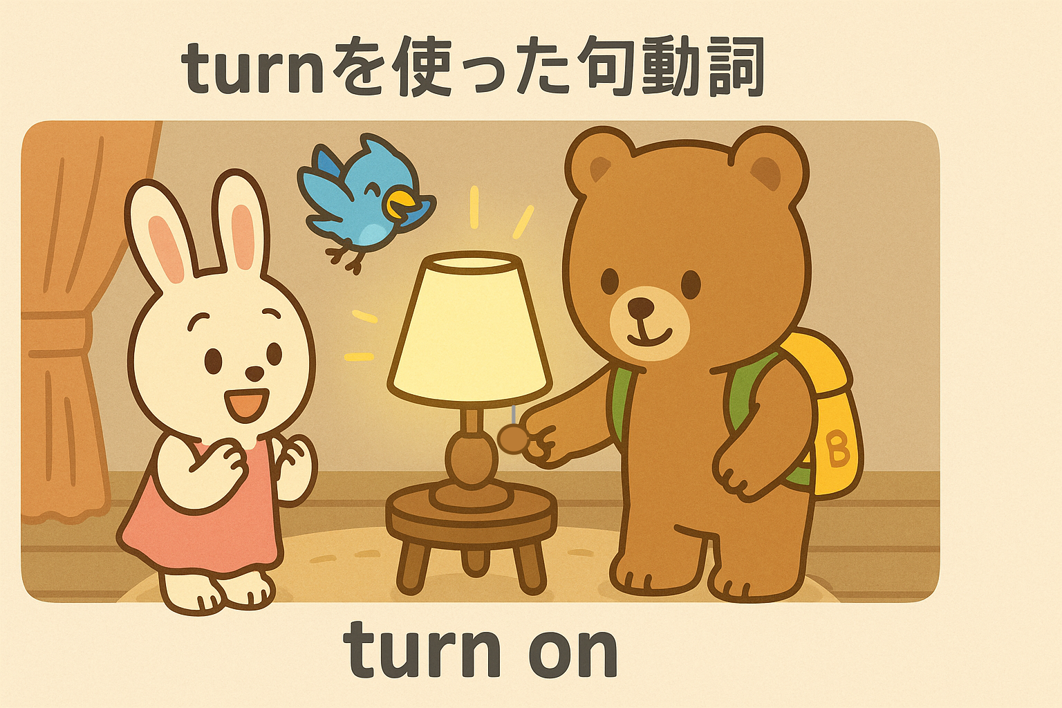 ぜすと君がランプをつけると部屋が明るくなり、るなちゃんがうれしそうに見つめ、ぴこりが元気に飛んでいる場面。上部に「turnを使った句動詞」、下部に「turn on」と書かれている。