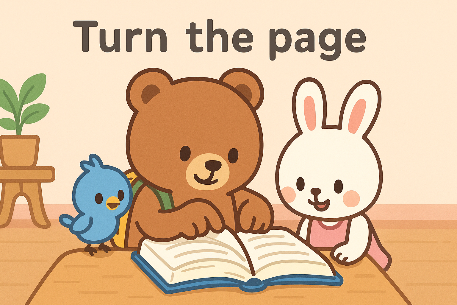 上部にTurn the pageと書かれ、ぜすと君が本のページをめくる場面をるなちゃんとぴこりがのぞき込む室内シーンのイラスト