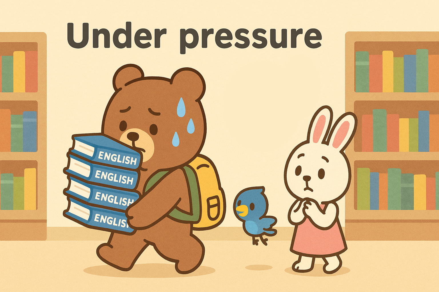 ぜすと君がENGLISHの本をたくさん抱えて汗をかきながら歩いている。るなちゃんが心配そうに見守っている。上部に「Under pressure」と書かれている温かい色合いの図書館のシーン。