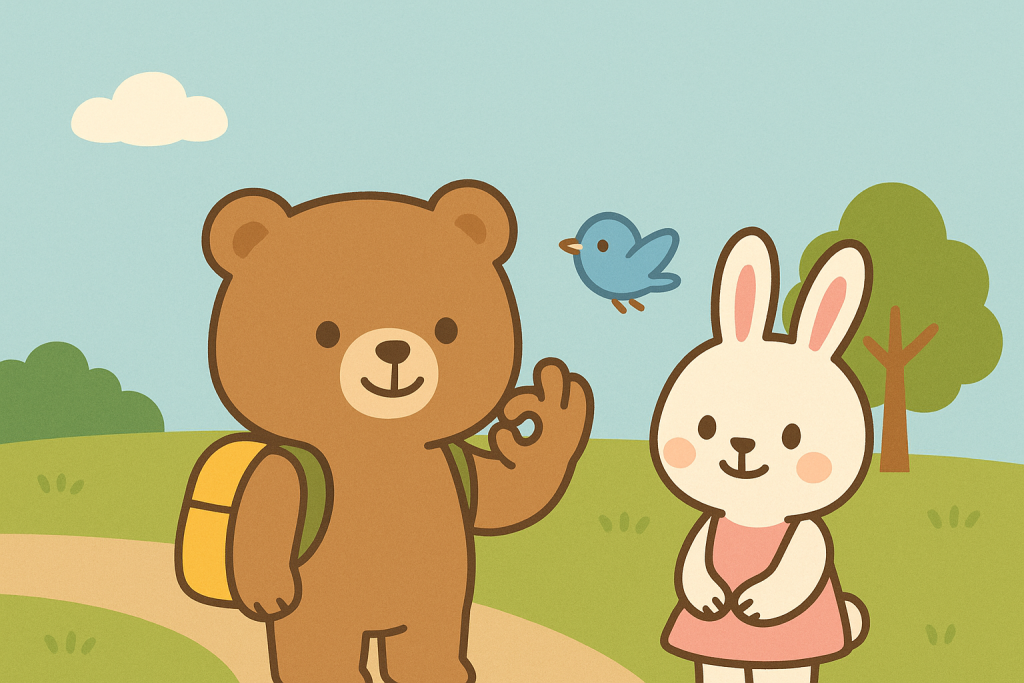 ぜすと君がOKポーズをして、るなちゃんとぴこりがにこやかに見つめているシーン