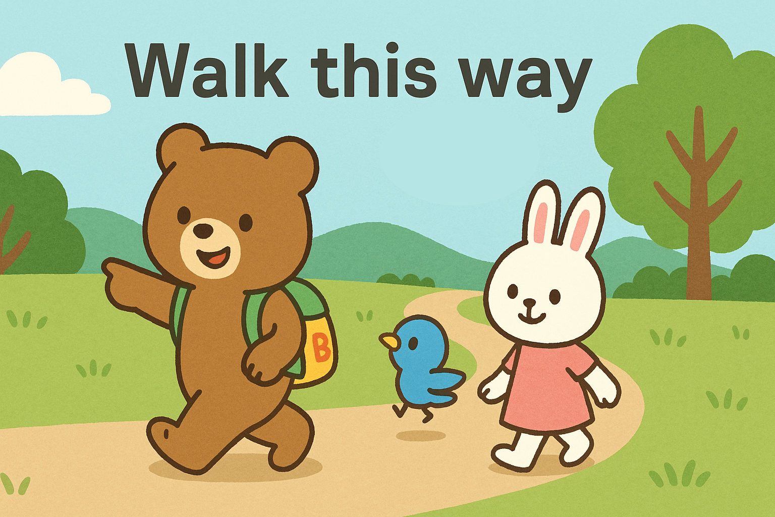 ぜすと君が森の小道で前を指さしながら歩き、るなちゃんとぴこりが一緒に進んでいる。上部には「Walk this way」の文字があり、明るく穏やかな風景の中で楽しく道案内している雰囲気。