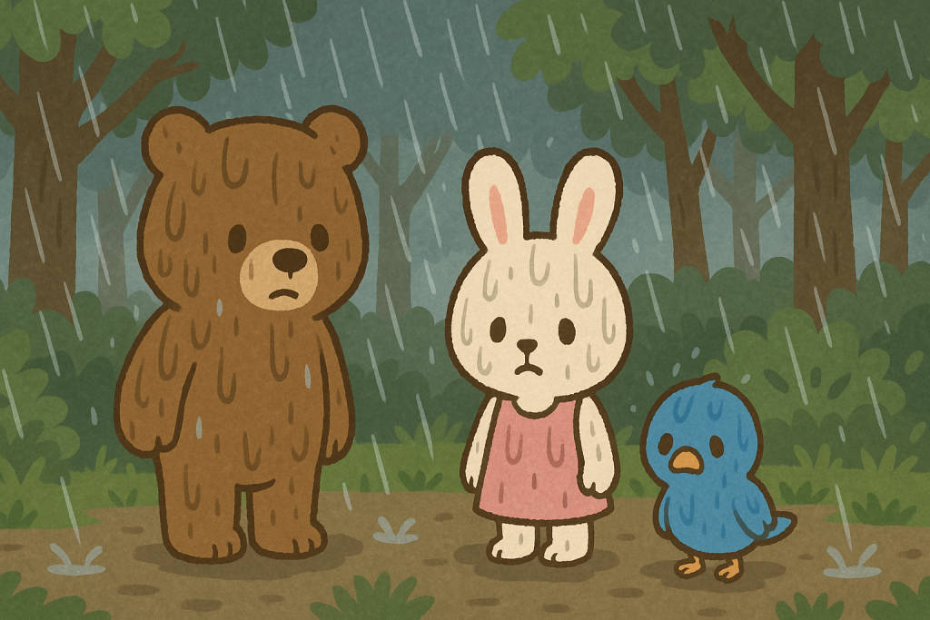 森の中で雨に濡れた三人が静かに立っている場面