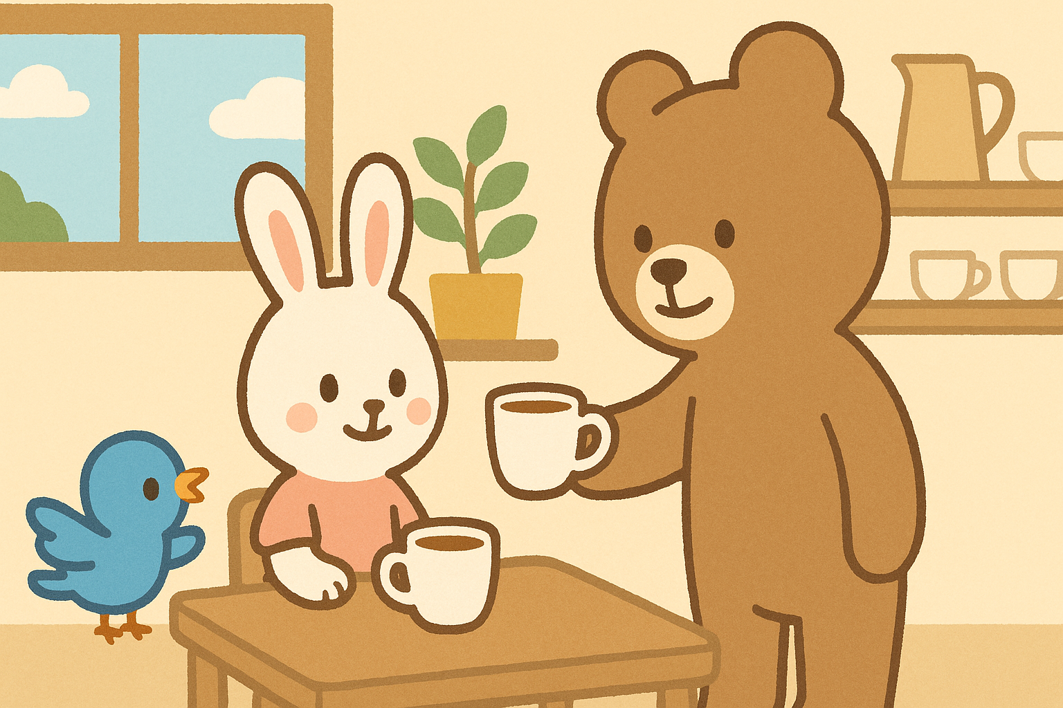 ぜすと君がるなちゃんに飲み物を差し出す、やさしいカフェのひととき。
