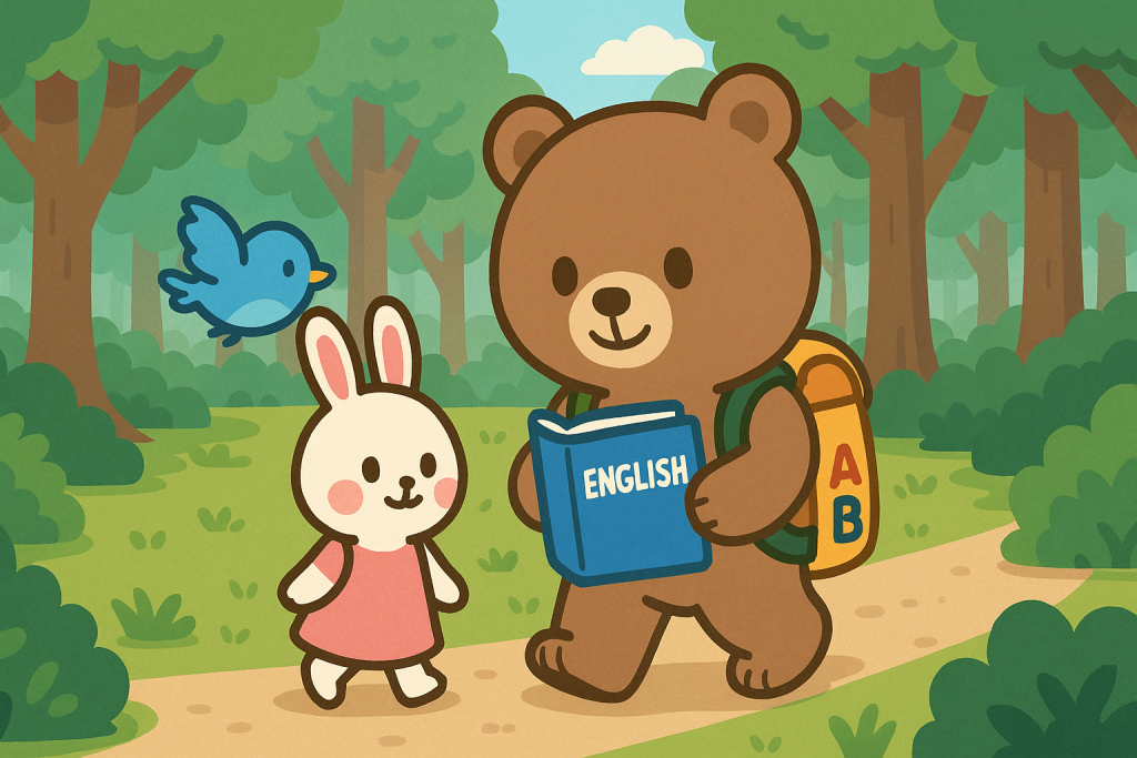 ぜすと君、るなちゃん、ぴこりが英会話の森を歩いているところ